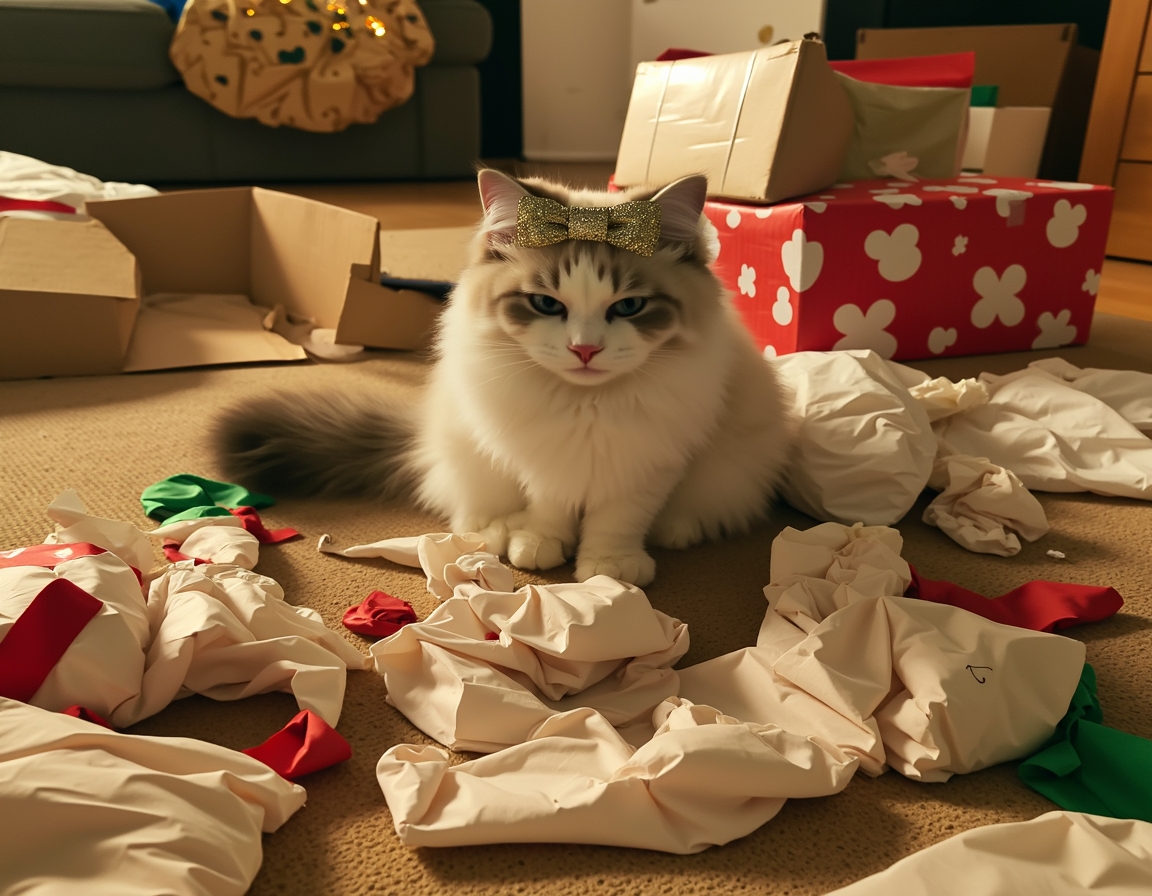 Playful cat surrounded by crumpled wrapping paper, ribbons, and empty boxes, with a shiny bow on its head. Christmas decorations and half-wrapped presents complete the festive scene.